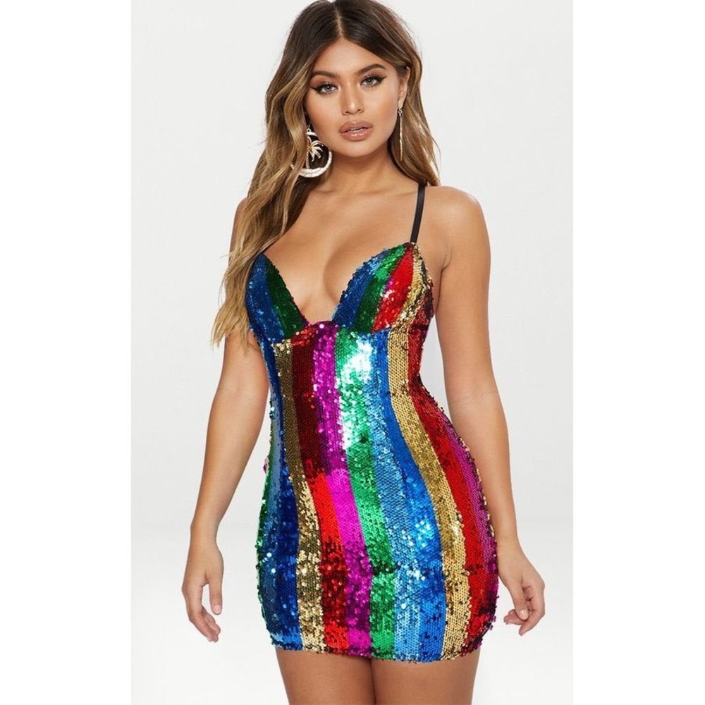 PrettyLittleThing Underwire Rainbow Sequin Striped Bodycon Mini Dress Size 10